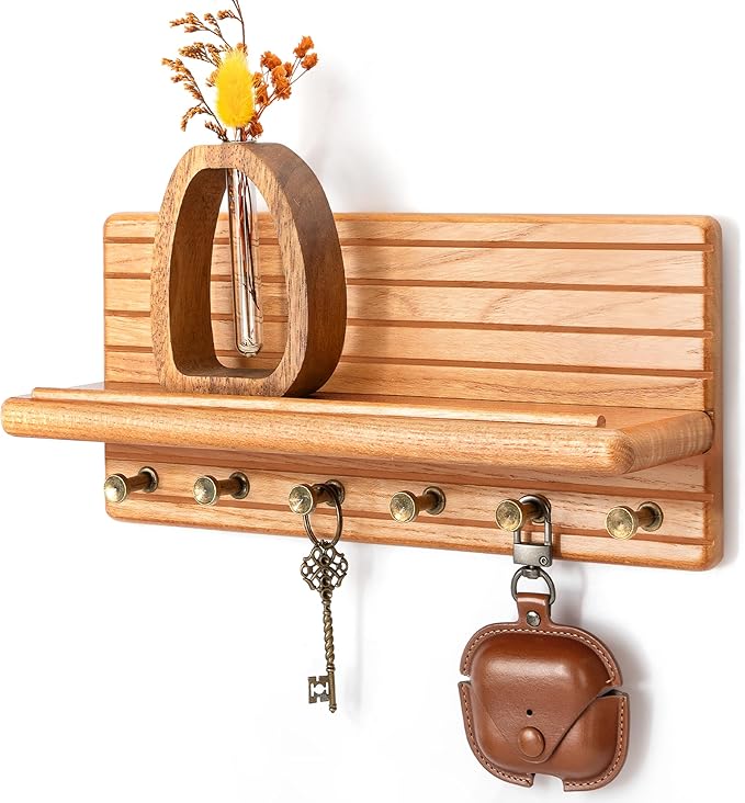 Rebee Vision Cedar Wood Key Holder Wall Mount – Farmhouse Wooden Key Holder for Wall with 6 Hooks & Floating Shelf - Farmhouse Home Decor Solution (Walnut)