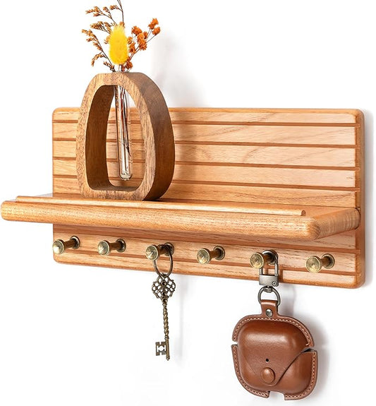 Rebee Vision Cedar Wood Key Holder Wall Mount – Farmhouse Wooden Key Holder for Wall with 6 Hooks & Floating Shelf - Farmhouse Home Decor Solution (Walnut)