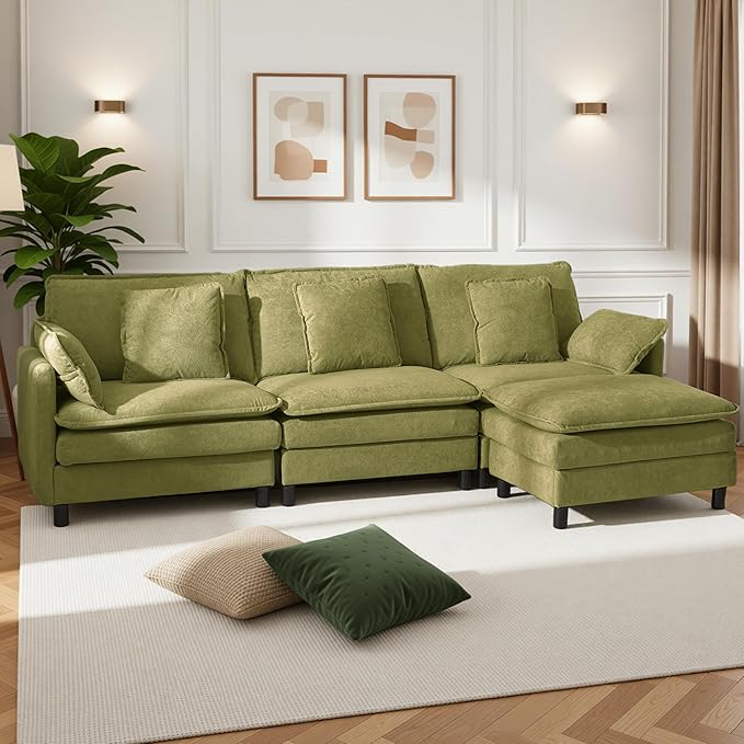 Claiks 110" Modular Sectional Sofa, Cloud Couch with Ottoman, L-Shaped 4-Seater Sofa in Chenille Fabric, Deep Seat Comfy Couch with Pillows for Living Room & Offices, Green