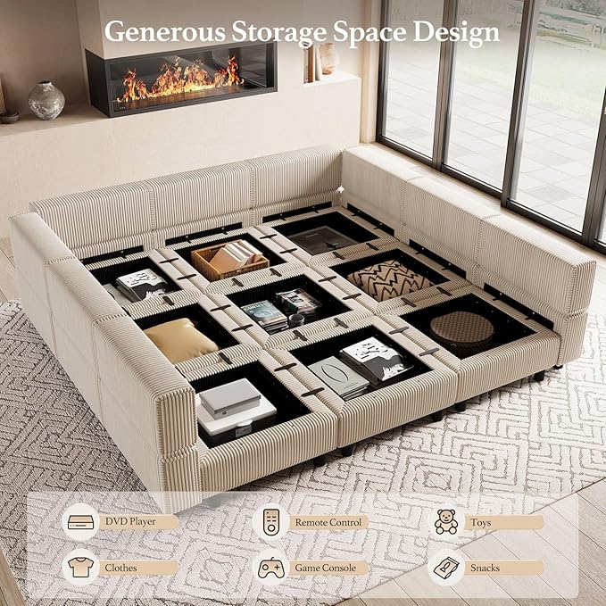 88.6" 9 Seat Modular Sectional Sofa with Deep Storage Seat,Corduroy Comfy Sectional Couch Convertible Modular Sleeper Sofa Couch with Movable Ottoman,Upholstered Couches for Living Room,Beige