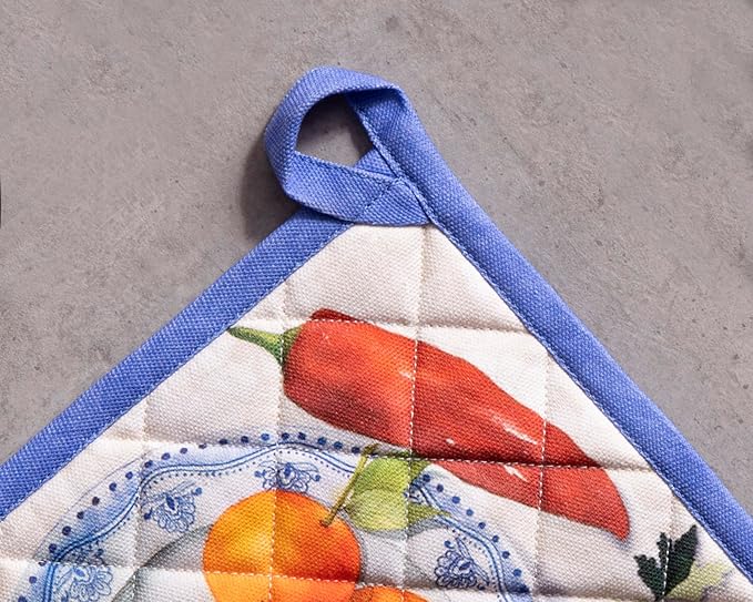 Maison d' Hermine Pot Holders Set 100% Cotton Heat Resistant Potholders 8" x 8" Hot Pads with Loop BBQ, Cooking, Baking, Grilling, Kitchen, Handling Hot Pans Spring/Summer (Pack of 2, Gourmand)