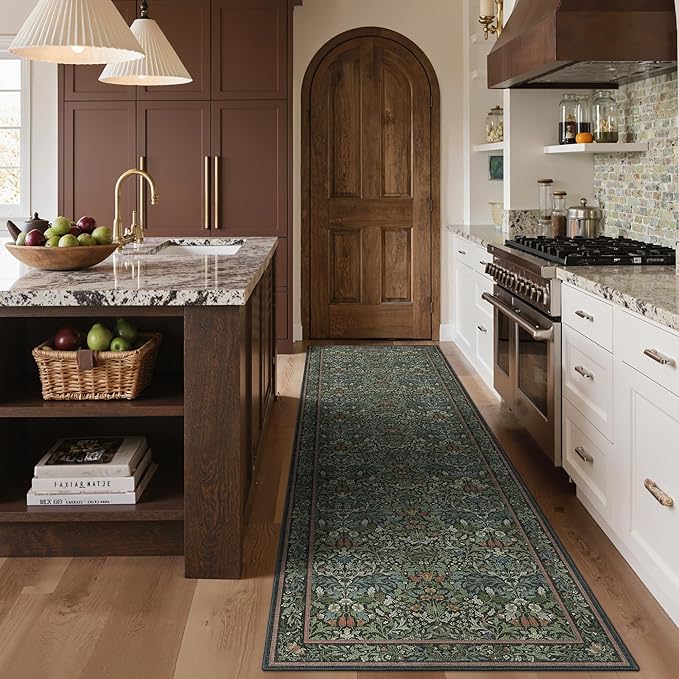 GENIMO Floral Washable Runner Rug 2’6”x10’, Non-Slip Long Hallway Carpet for Entryway, Kitchen, Indoor Floor Use, Vintage Boho Soft Thin Rug Décor, Dark Green