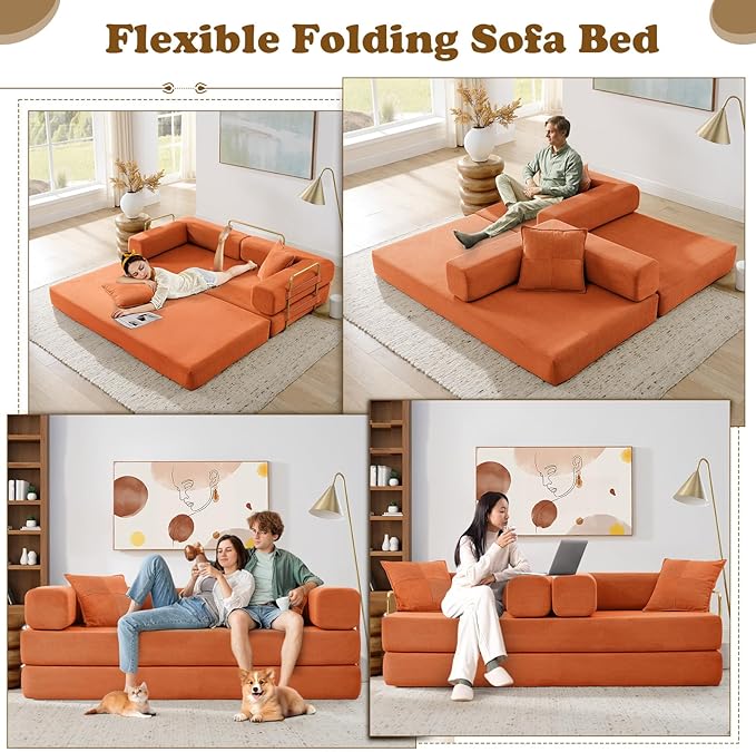 Antetek Convertible Futon Sofa Bed, 3-Seater Modern Corduroy Foam Floor King Size Bed Fold Out Sleeper Lounge Loveseat Sofa Couch with 2 Throw Pillows for Living Room Bedroom Guest Room, Orange