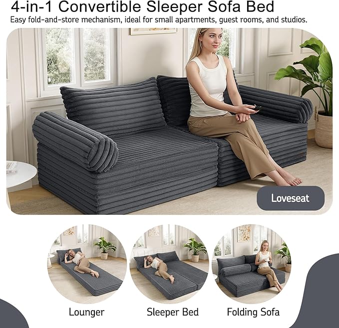 MeMoreCool Convertible Sofa Bed, Folding Floor Couch Bed Queen, Pull Out Sleeper Couch with Pillows, Fold Out Futon Sofa for Bedroom Living Room Small Space, Corduroy Grey