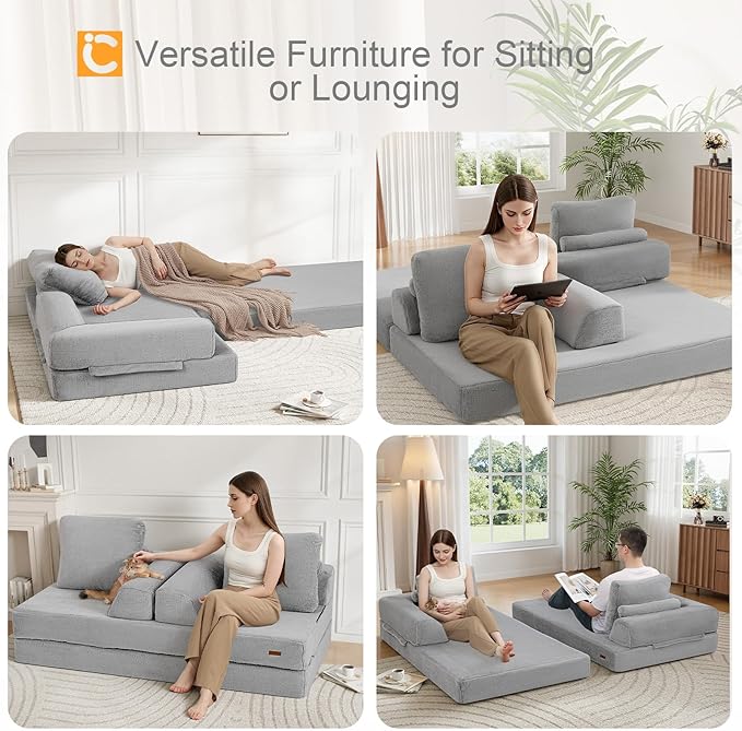 COMAX Convertible Sofa Bed, Folding Floor Couch Corduroy Fold Out Couch Bed Futon Sleeper Mattress with Pillows, Boneless Sofa Comfy Lounge Loveseat for Living Room Bedroom, Faux Fur Grey