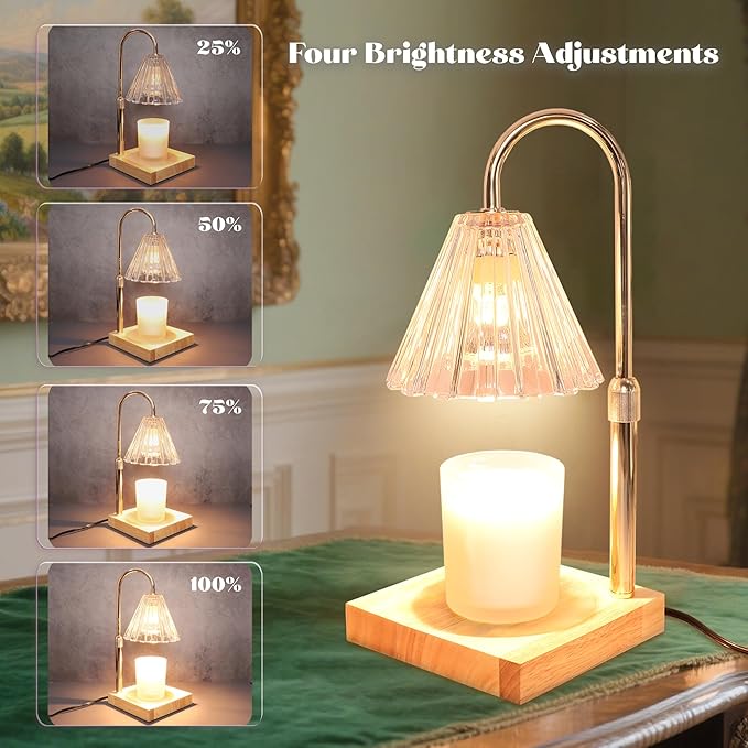 Candle Warmer Lamp with Timer Dimmable, Clear Wax Melt Warmer Adjustable Height Warmer Lamp for Jar Candles, Original Wood Base for Home Decor Birthday