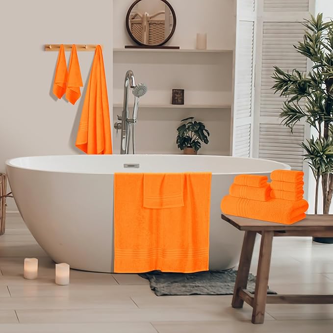 BOUTIQUO 100% Cotton Towel Set, Contains 4 Soft Bath Towel, 6 Hand Towels, 8 Wash Cloths - Compact Absorbent Lightweight & Quickdry Towels for Bathroom - 18 Piece Bathroom Towel Set - Orange