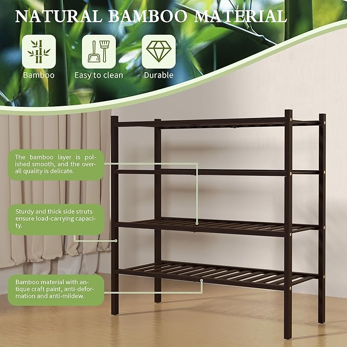4 Tier Bamboo Shoe Rack for Closet Free Standing Wood Shoe Shelf for Entryway Small Space Stackable 27"x11"x26" (Brown)