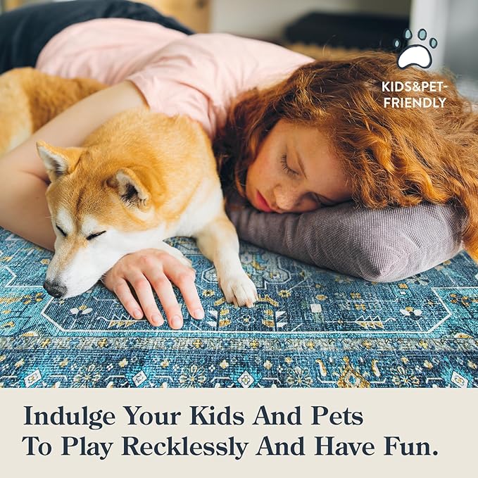 Moynesa 2x4 Teal Vintage Floral Medallion Runner Rug - Machine Washable, Non-Slip, Low Pile, Indoor Use Only