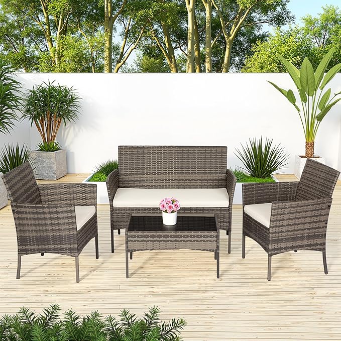 FDW Outdoor Patio Furniture Set Wicker Patio Set PE Rattan Furniture Bistro Set for Outdoor Indoor Use with Loveseats Coffee Table, Khaki Cushions, 4 Pieces