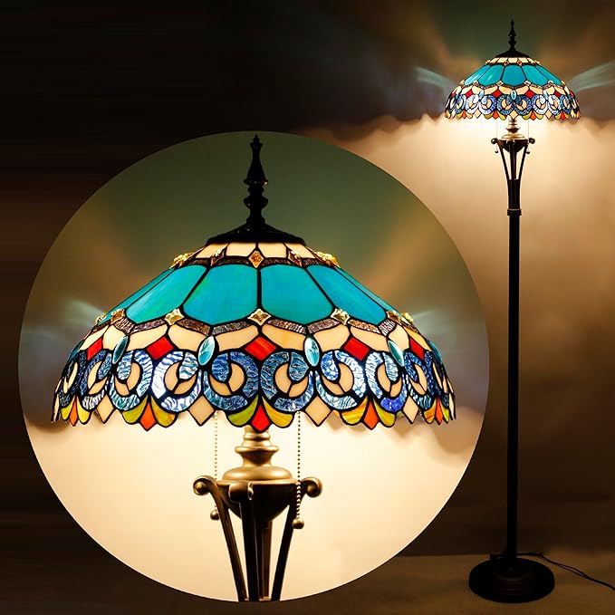 Tiffany Floor Lamp Blue Stained Glass Jewelry Baroque Standing Reading Light 16X16X70 Inches Antique Pole Corner Lamp Decor Bedroom Office Living Room