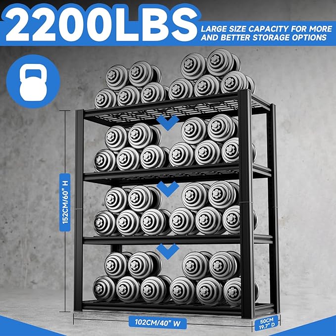 4-Tier 40" W x 19.7" D x 60" H Garage Shelf Heavy Duty Metal Garage Shelving Load 2200LBS Utility Shelves Industrial Rack Adjustable Shelves for Garages Basement Storage Shelves (Black)