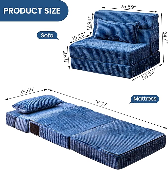 Folding Sofa Bed, Convertible Sleeper Chair with Pillow, High Density Memory Foam Fold Out Couch, Foldable Mattress Futon Sofa for Living Room/Dorm/Guest Use/Apartment/Home Office