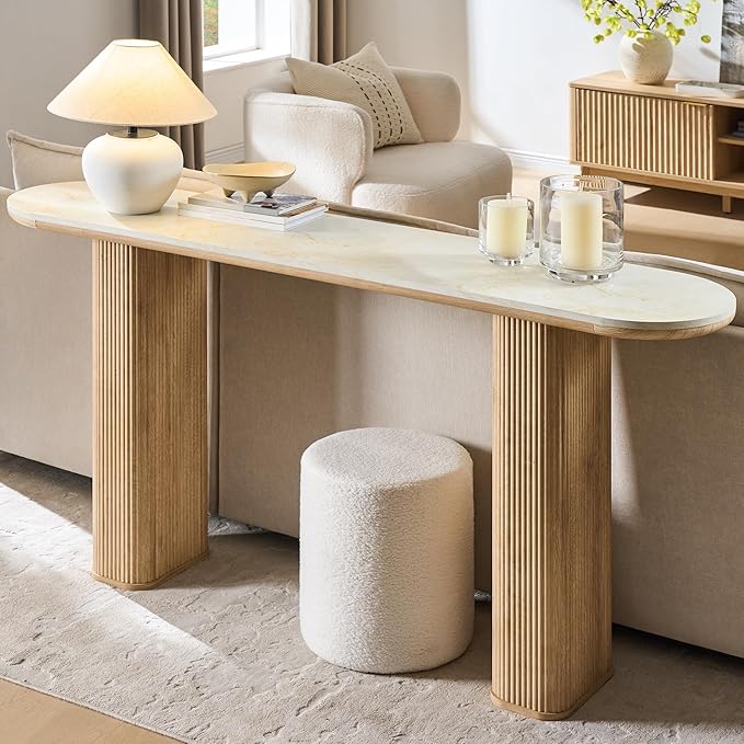 OKD 63 Inch Modern Console Table with Arc Black Marble Texture Top, Fluted Wood Base, Contemporary Entryway Sofa Table for Living Room, Hallway, Foyer, Natural Oak