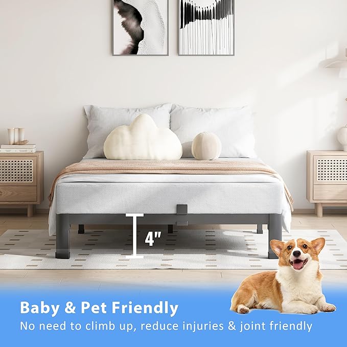 4 Inch Twin Size Bed Frame, 3500Lbs Heavy Duty Metal Platform with Round Corner Legs Mattress Slide Stopper, Steel Slat Support No Box Spring Needed, Noise Free, Non-Slip, Easy Assembly
