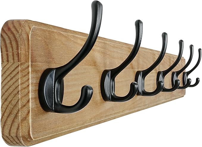 Dseap Coat Rack Wall Mount: 24" Long, Patented, Heavy-Duty, 6-Double-Hooks Wooden Hanger Hook Rail for Winter Coats Hat Jacket Clothing, Weathered Brown