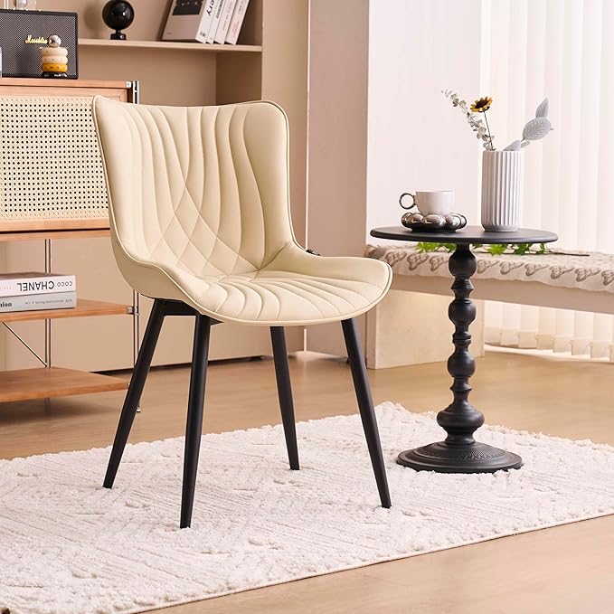 Kidol & Shellder Beige Dining Chairs Set of 2,Faux Leather Upholstered Mid Century Modern Kitchen&Dining Room Chair with Back,Ergonomic Armless Vanity&Living Room Chair with Metal Legs