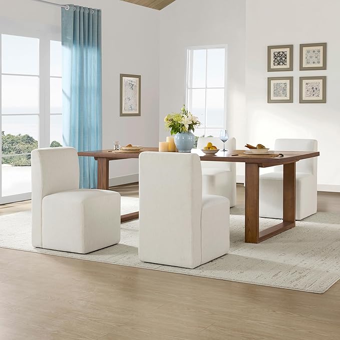 CHITA Dining Chairs with Casters Set of 4, FSC Certified Upholstered Armless Modern Rolling Dining Chairs with Rollers for Bedroom Reading Room Living Room, Linen