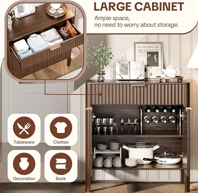 Sideboard Buffet Cabinet with Storage - Modern Fluted Credenza with Doors & Drawer, Accent Cabinet Coffee Table Bar Counter Bookcase for Living Room Kitchen Dining Room Entryway 31" H Walnut