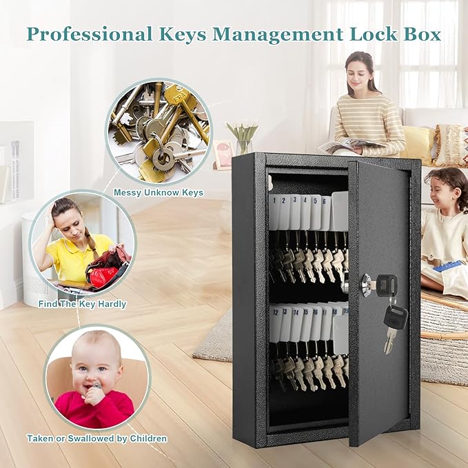 KYODOLED Key Storage Lock Box Wall Mount, Locking 40 Key Cabinet Holder Box with Key Lock, Hooks & Labels for Home, Office, Commercial Management, 2.5" D x 8.1" W x 12.1" H, Black