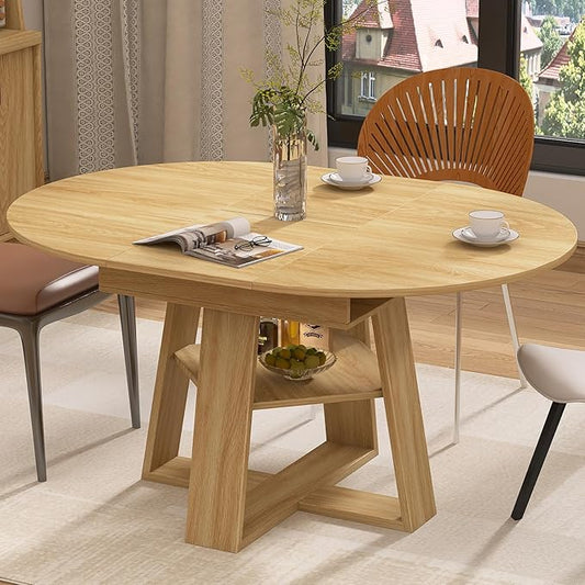 Round Dining Table for 4-8 People, 43.3"-59" Oval Dining Table Space Saving, Expandable Kitchen Table with Smooth Glide Mechanism Modern Design & Wood Base for Small Space (Natural)