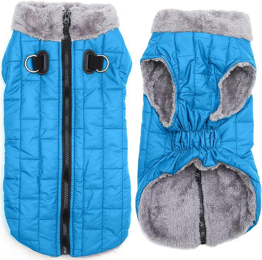 Warm Fleece Dog Coats with Durable Harness Buitl in D-Ring,Waterproof Doggie Jacket for Large Dogs,Dog Vest for Cold Winter,Light Blue XXXL