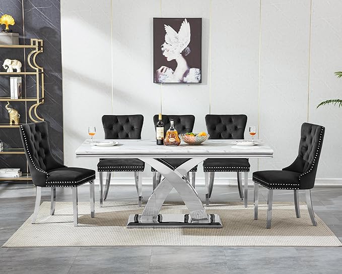 Modern White Marble Dining Table Set for 6,7-Piece Kitchen Table and Chairs for 6,Luxury Silver Dining Room Table Set w/68" Rectangle Dinner Table & 6 Black Velvet Chairs for Kitchen Dining Room