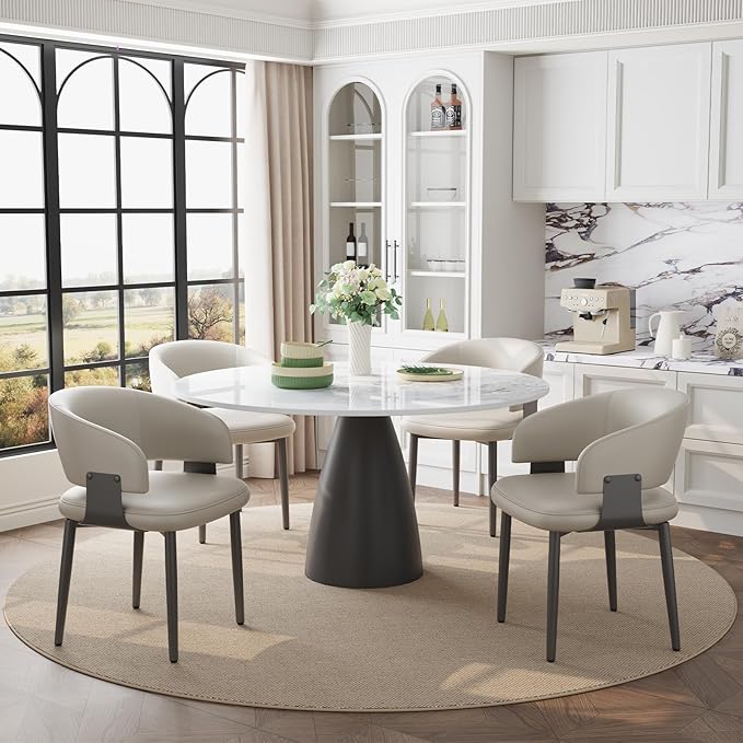 Modern Dining Chairs Set of 2, Faux Leather Upholstered Kitchen Chairs with Curved Back and Metal Legs, Mid Century Chairs for Dining Room, Kitchen, or Café (Light Gray)