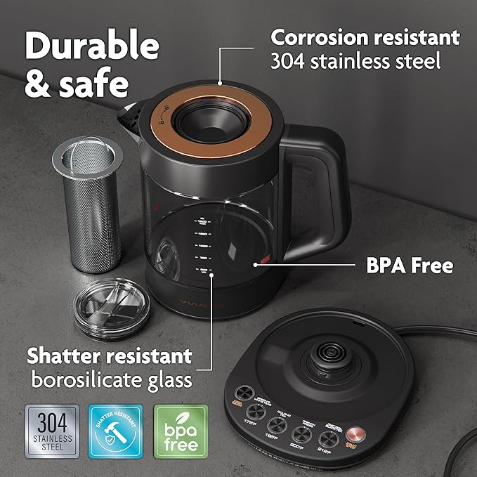 Vianté Electric Kettle With Infuser For Loose Leaf. Hot Tea Maker With Temperature Control And Automatic Shut Off. Tea Kettle With Brewing Programs. 1.5 Liters Capacity | Black Color