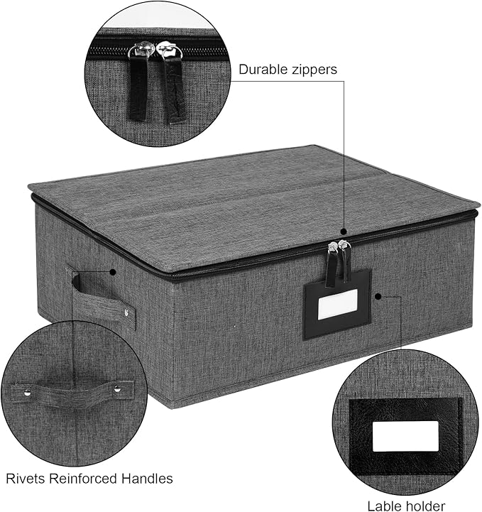 Mayniu Cup and Mug Storage Box 2Pack, China Storage Containers for 12 Tea Cups or Coffee Mugs with Zipper Lid and Rivet Reinforced Handles, Hard Shell and Stackable (Black)