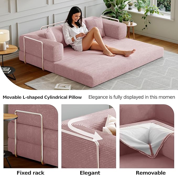 78.8''Convertible Sleeper Sofa Bed,Compressed Floor Boneless Couch,Modular Modern Corduroy Sofa for Living Room Bedroom -with Fixed-Shape Frame and Support Armrest,Easy Assembly(Pink)
