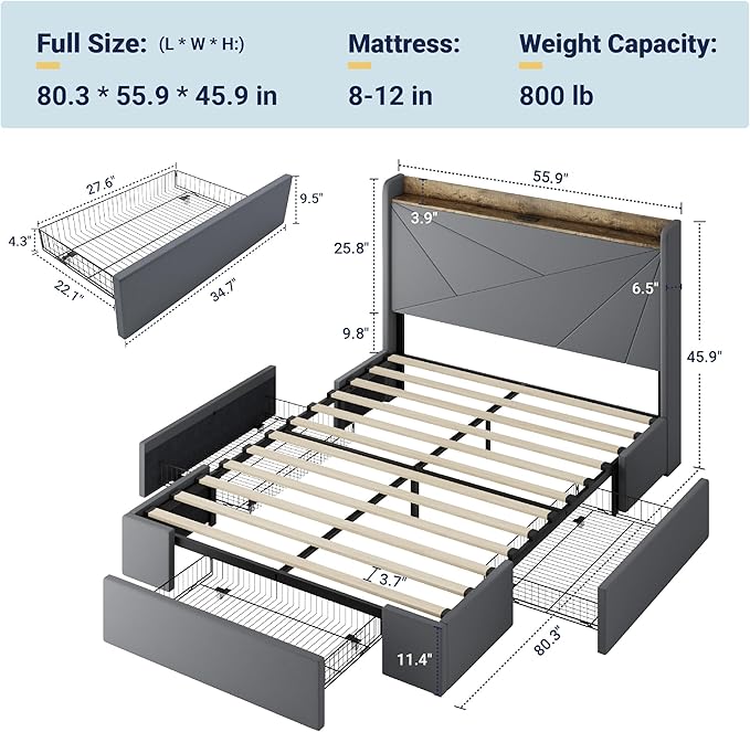Allewie Full Size Velvet Bed Frame with 3 Storage Drawers, Upholstered Platform Bed with Wingback Storage Headboard and USB Ports, No Box Spring Needed, Easy Assembly, Grey