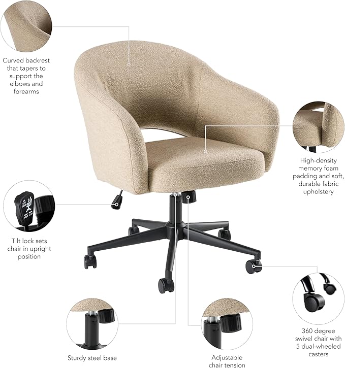 Bush Furniture Mid Century Modern Desk Chair for Home Office, Adjustable Seating with Wheels and Swivel Base, Fairfax Collection, Cool Beige Fabric Upholstery