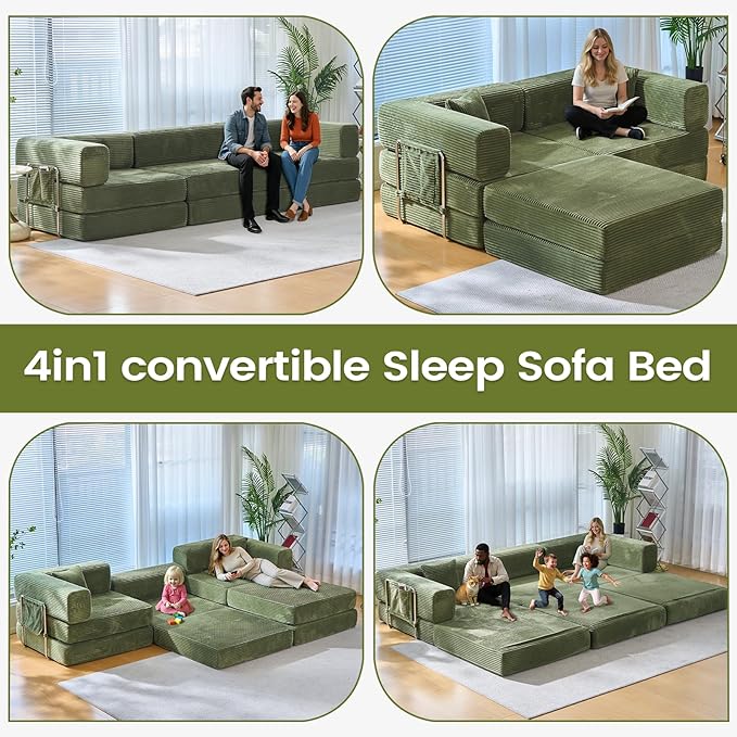 Folding Sofa Bed Convertable Corduroy Couch King Size Floor Sleeper 4-in-1 DIY Combination Modular Sofa Fold Out Futon Lounge Comfy Foldable Lazy cama for Living Room (Green)
