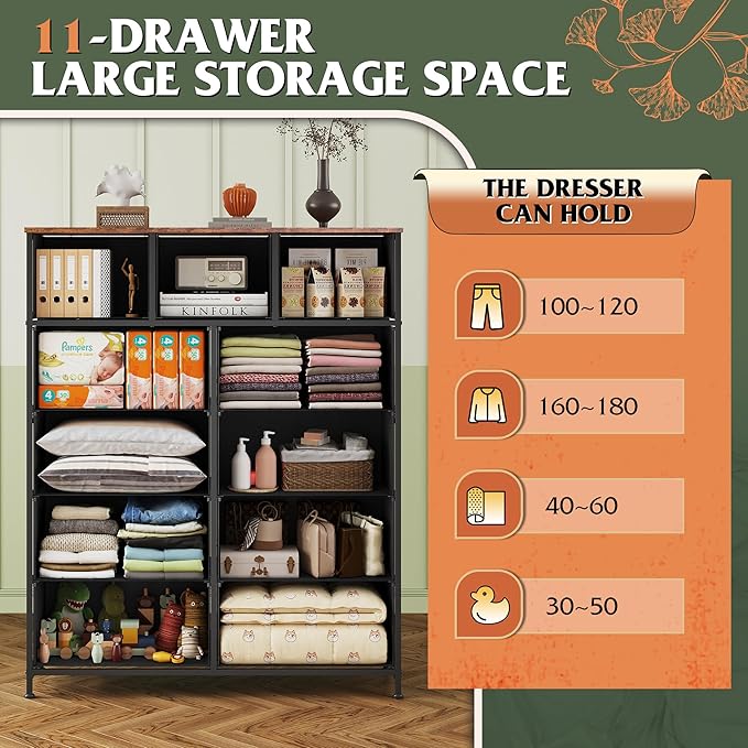 WLIVE Storage Organizer Unit with 11 Fabric Bins, Storage Drawers Organizer with Steel Frame, Tall Storage Tower Organizaton for Living Room, Hallway, Office, Floral Painted