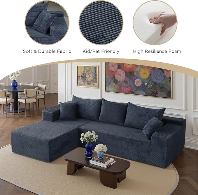 Blue Sectional Couches for Living Room, Boneless Couch with L-Shape Chaise, Modular Sofa in Box with Deep Seat, No Assembly Required