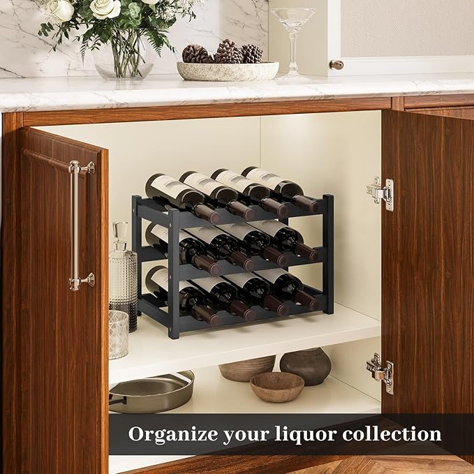 Wine Rack，Bamboo Wine Storage Cabinet Shelf，Countertop Wine Shelf- Freestanding Wine Holder for Kitchen & Pantry (Black, 3-Tier)