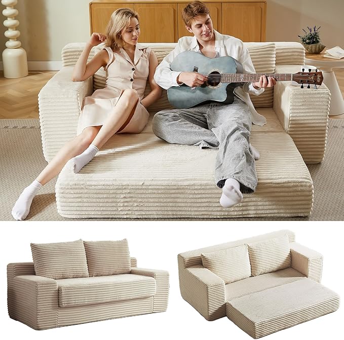 70.87" Loveseat Sofa Bed - Corduroy Upholstered, Comfy Deep Seat & Modern Design - Small Space Friendly, No Assembly Needed - Ideal for Living Room, Bedroom, Apartment, Home Office, Beige