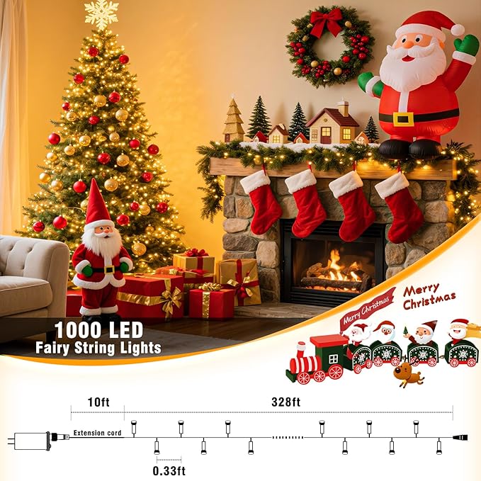 328ft 1000 LED Christmas Lights Outdoor Waterproof, Warm White Christmas String Lights Indoor Clear Wire 8 Modes, Plug in Twinkle Fairy String Lights for Bedroom Wedding Classroom Garden Decorations