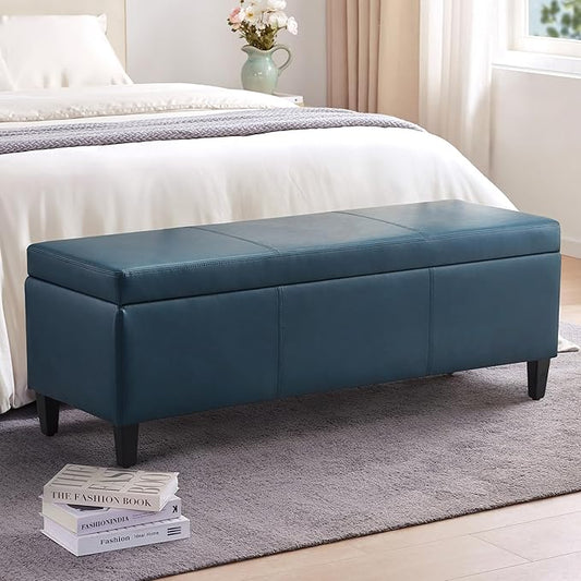 HUIMO Faux Leather Storage Ottoman Bench 50.3 Inch Extra Long PU Upholstered Bedroom Bench with Large Storage Space for The Living Room, Entryway, Bedroom Hold Up to 300lbs (Peacock Blue)