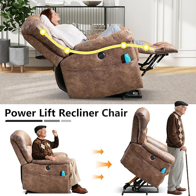 Large Power Lift Recliner Set of 2 with Massage and Heat for Elderly, Faux Leather Electric Lifting Recliners with USB Port, Oversized Reclining Sofa Chair for Living Room, Brown