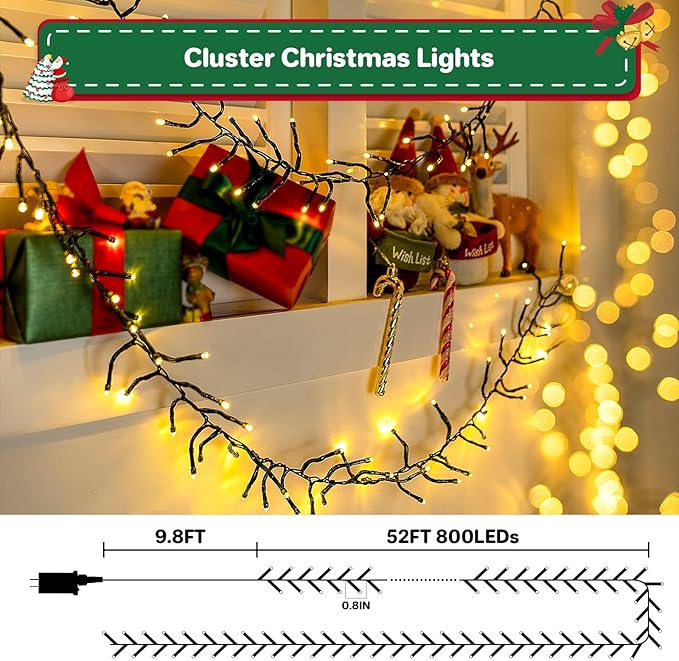Christmas Cluster Lights Plug-in -52FT 800 LED Firecrackers String Lights,8 Modes Timer Waterproof Twinkle Fairy Lights for Christmas Tree Garland Party(Warm White)