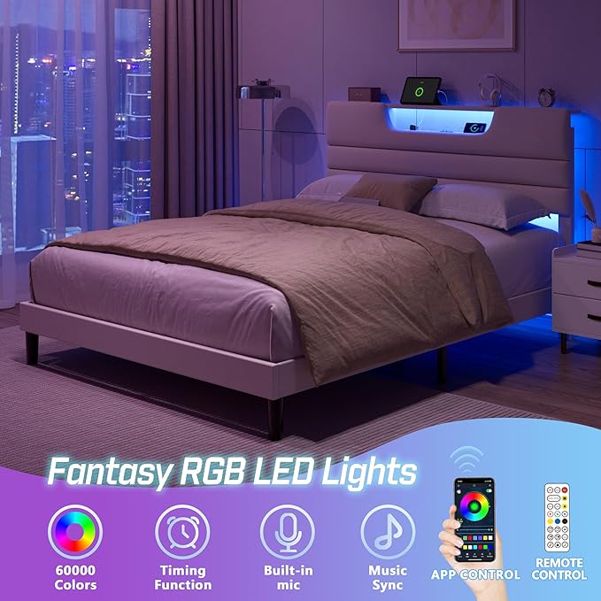 Queen Size Bed Frames with Upholstered Headboard, Modern Platform Bed with Charging Station and Led Lights, Bed Frame with Sturdy Wooden Slats/No Box Spring Needed/2-Tier Storage, Beige