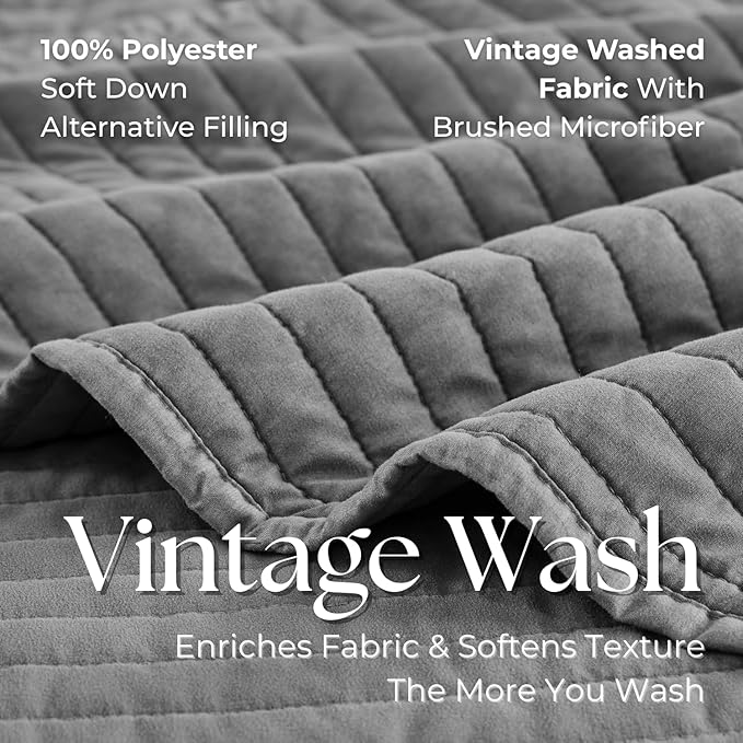 DOWN HOME Twin Quilt Bedding Set with Sham, Vintage Washed Soft Quilted Blanket Thin Comforter Lightweight Bedspread Coverlet Bed Cover, Brushed Microfiber Stripe Stitching, Ash Gray, 66"x92"