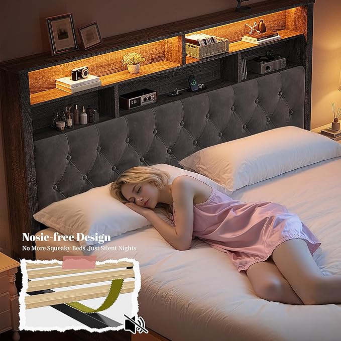 EnHomee King Size Bed Frame with 4 Drawers and Upholstered Storage Headboard,Wooden King Bed Frame with Charging Station and LED Lights,NO Noise,No Box Spring Needed,Gray