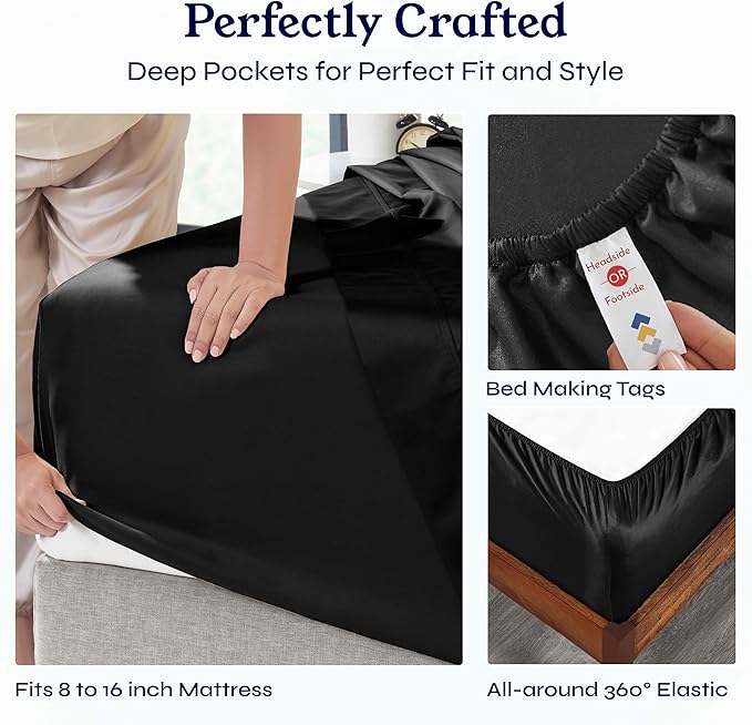 California Design Den Full Size Bed Sheets Set - Soft 400 Thread Count Sateen, Natural 100% Cotton Sheets with Deep Pockets, Breathable, Cooling and Durable Bedding Set - Black