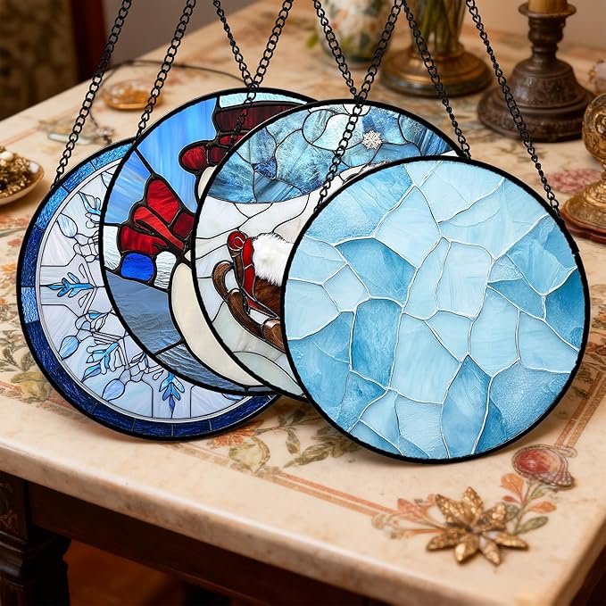 Stained Glass Window Hanging 4 Pcs Set Blue White Christmas Snowman Snowflake Large 11.8" - Suncatcher Door Garden Sun Catcher Decor Birthday Mother's Day Xmas Gifts for Mom Woman Nana Men