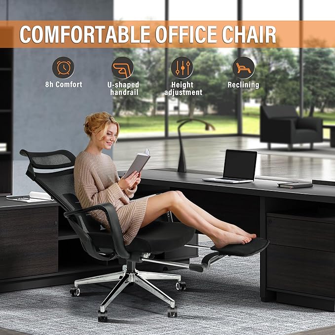 Ergonomic Office Chair with Footrest,High Back Desk Chair with Vertically Adjustable Headrest and Waist Support,3 Gear Tilting Backrest,400lbs Weight Capacity Metal Base with Swivel Wheels