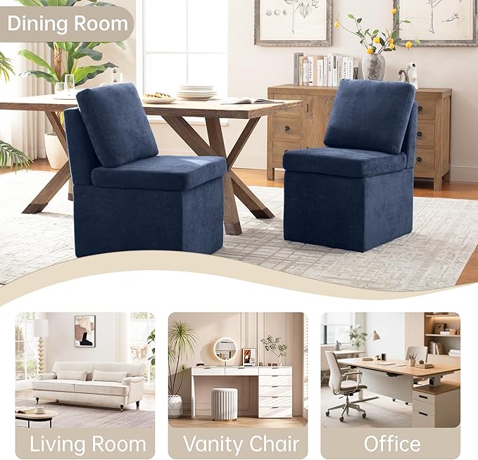 VKNOW Upholstered Dining Chairs, Modern Kitchen Chairs with Storage, Linen Armchair Dining Room Chairs for Kitchen Room, Navy Blue