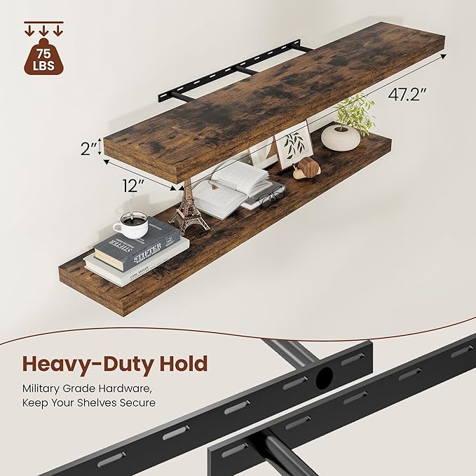 Vivelove 12" Deep Floating Shelves 47.2" Long, Wall Shelves for Living Room Bedroom Bathroom Kitchen Laundry Room, Farmhouse Rustic Shelves for Home Decor, 47.2" X 12" X 2" Set of 2, Rustic Brown